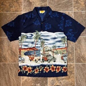 Vintage  Hawaiian Shirt Mens Medium 90's Blue Maui Maui Brand Cars
